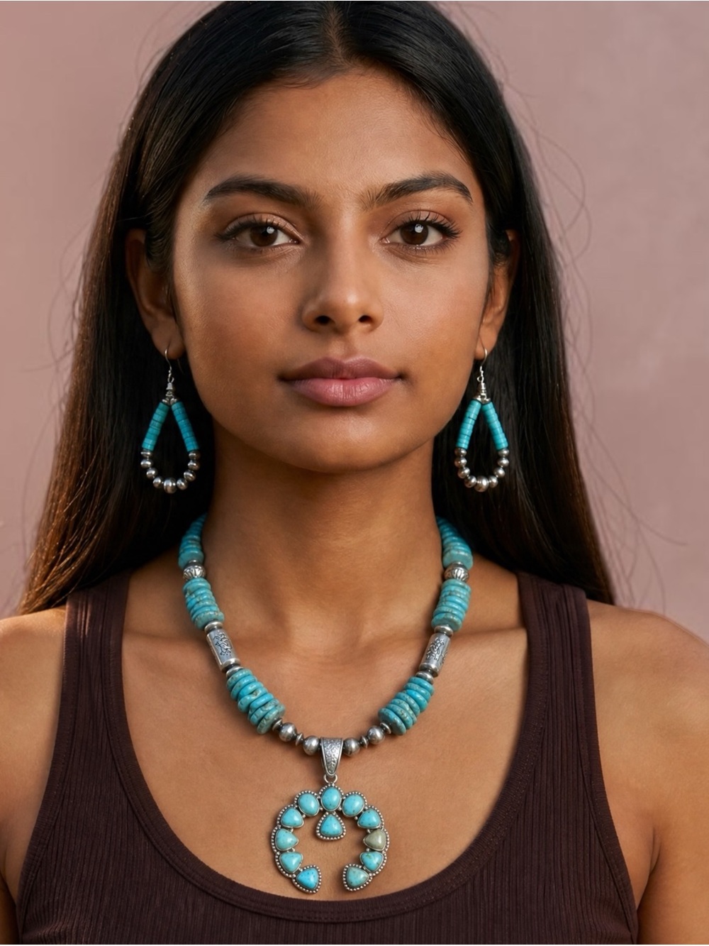 Sterling Silver Navajo Pearls Turquoise Squash Blossom Naja Pendant Necklace - Picture 5 of 10